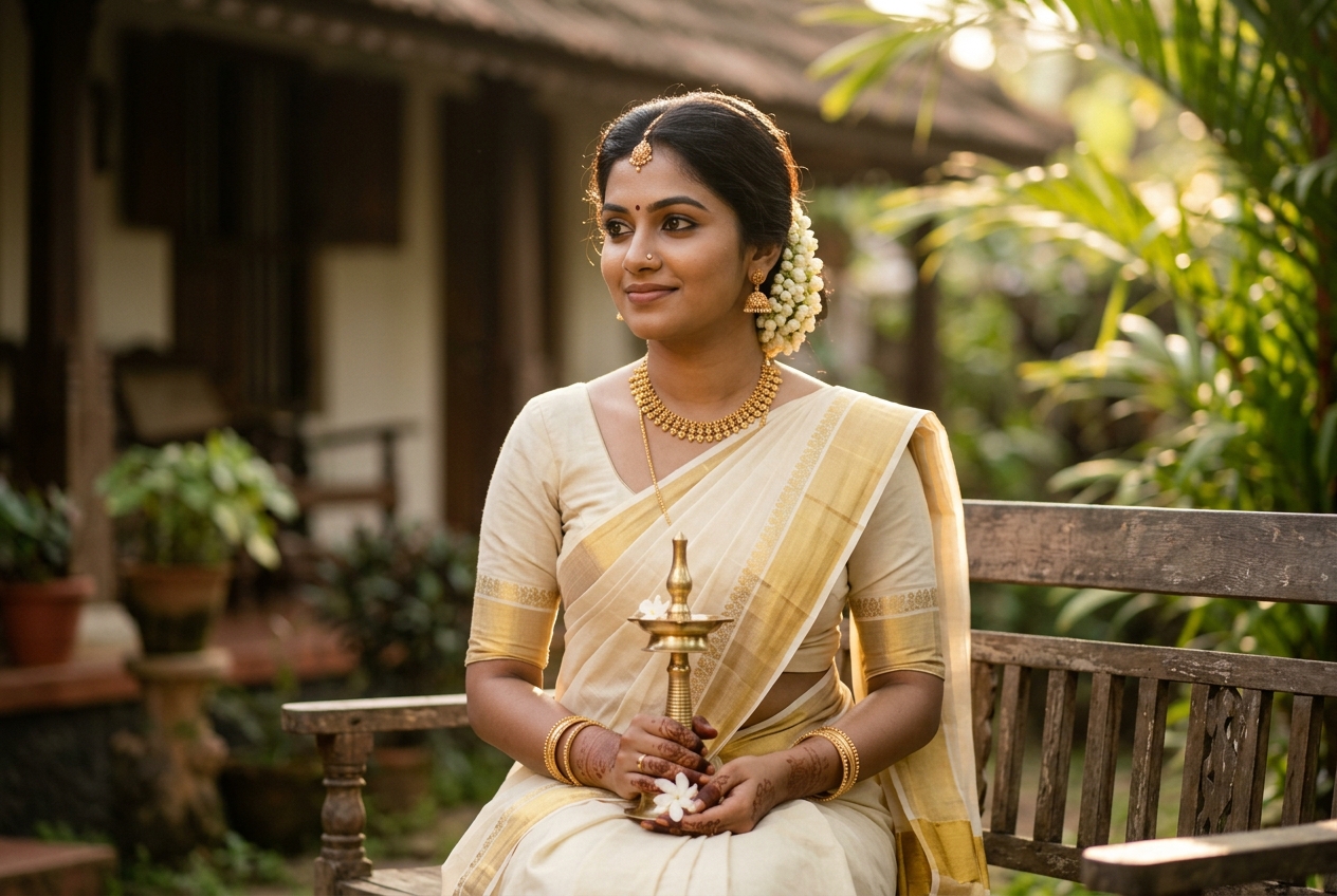 Portrait of woman in traditional kasavu saree holding lamp