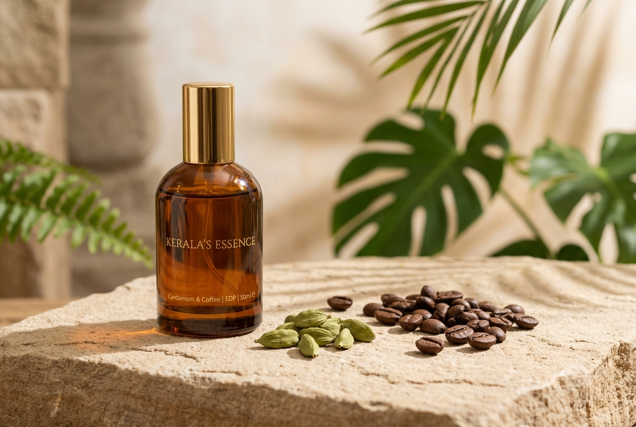 Luxury perfume product styling with cardamom and coffee