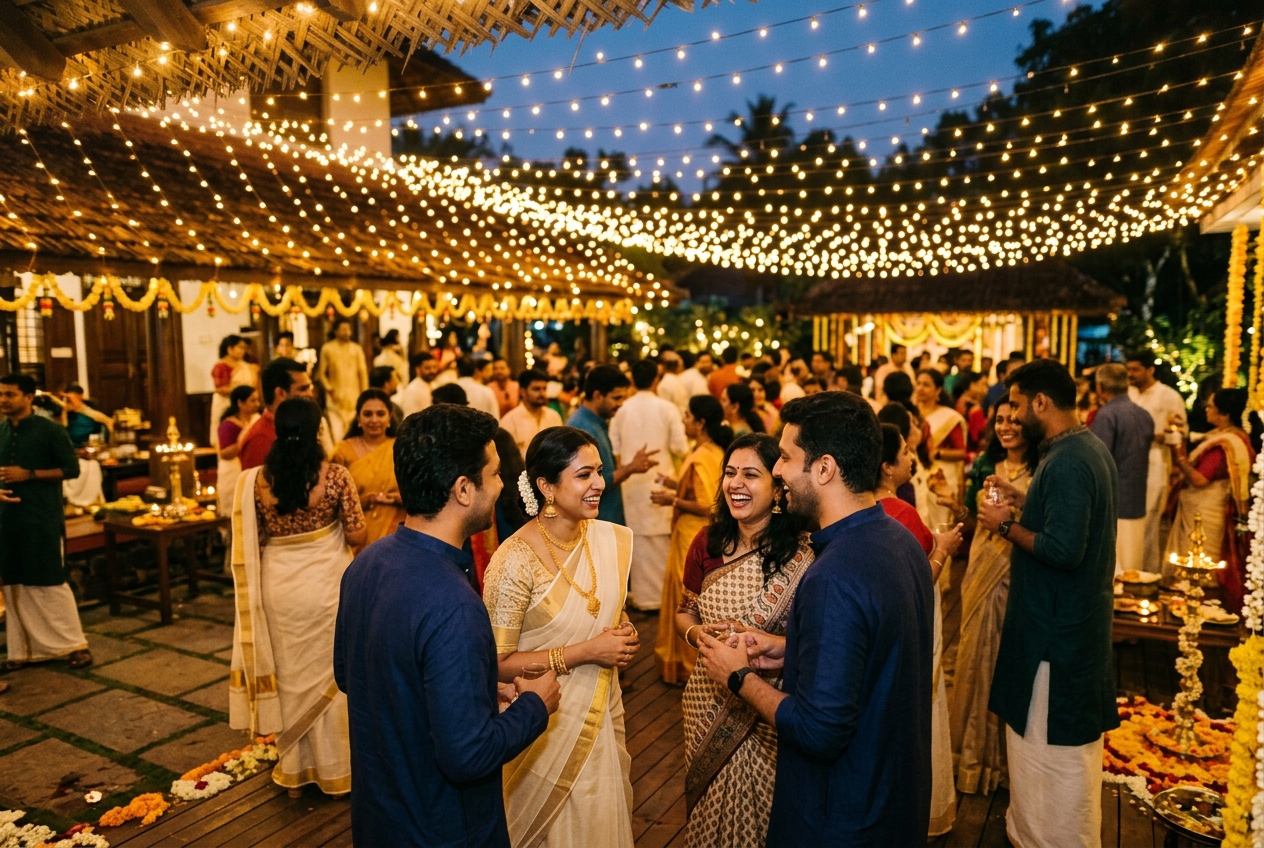Candid celebration evening under warm fairy lights