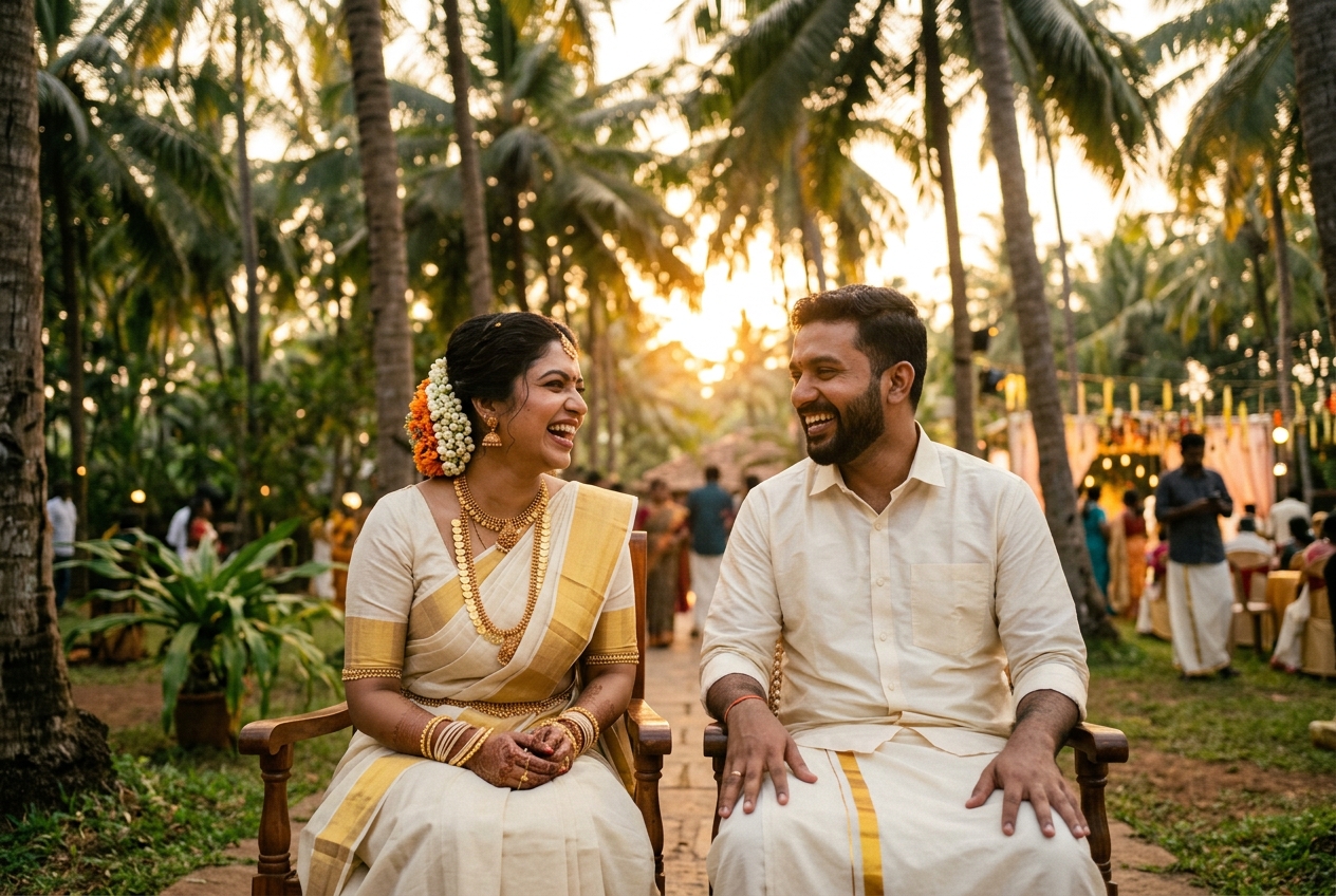 Bride and groom laughing together outdoors