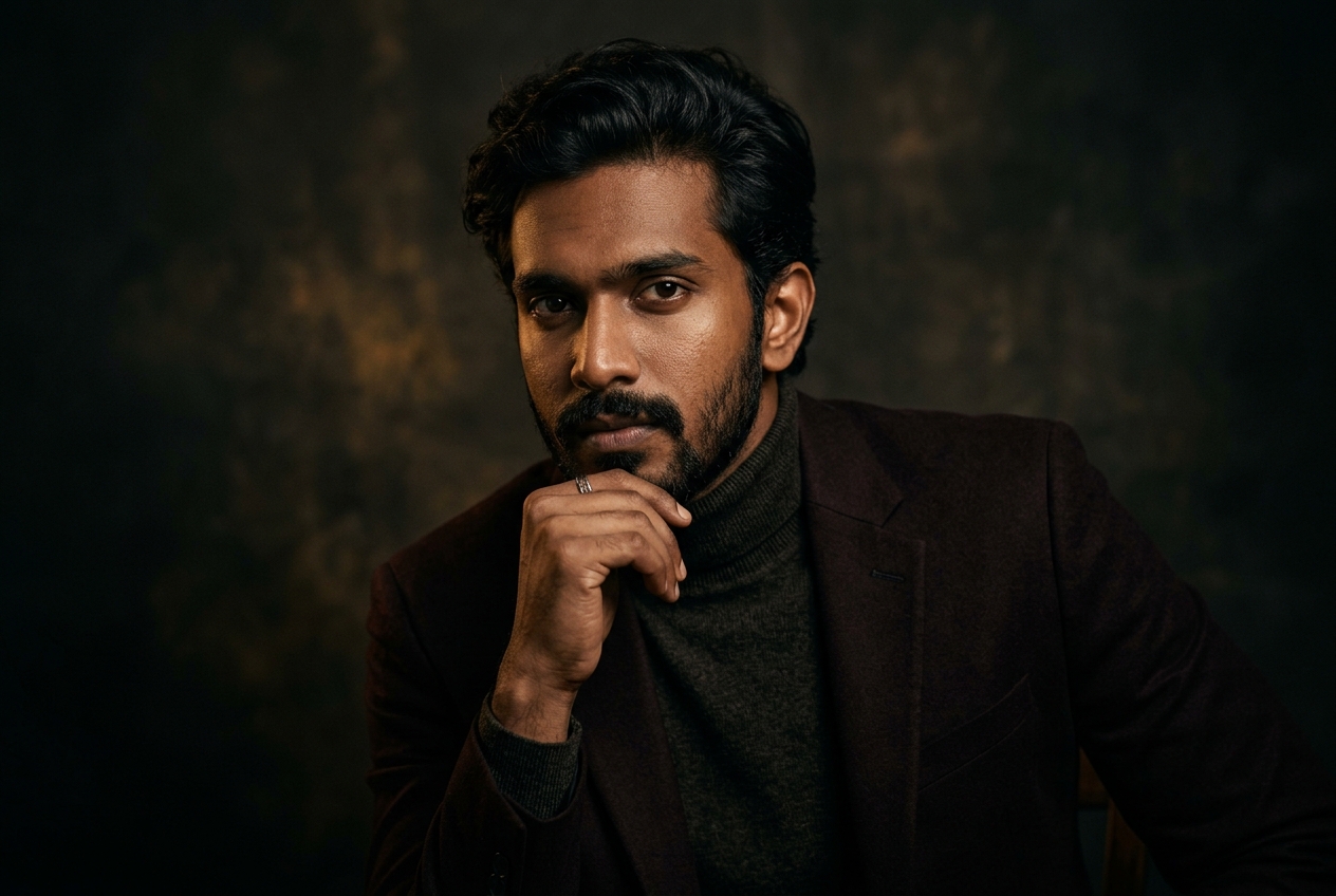 Dramatic editorial studio portrait with fine lighting