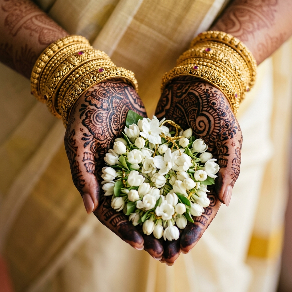 Intricate henna, heirloom gold & mullappoo. Mattancherry wedding details.