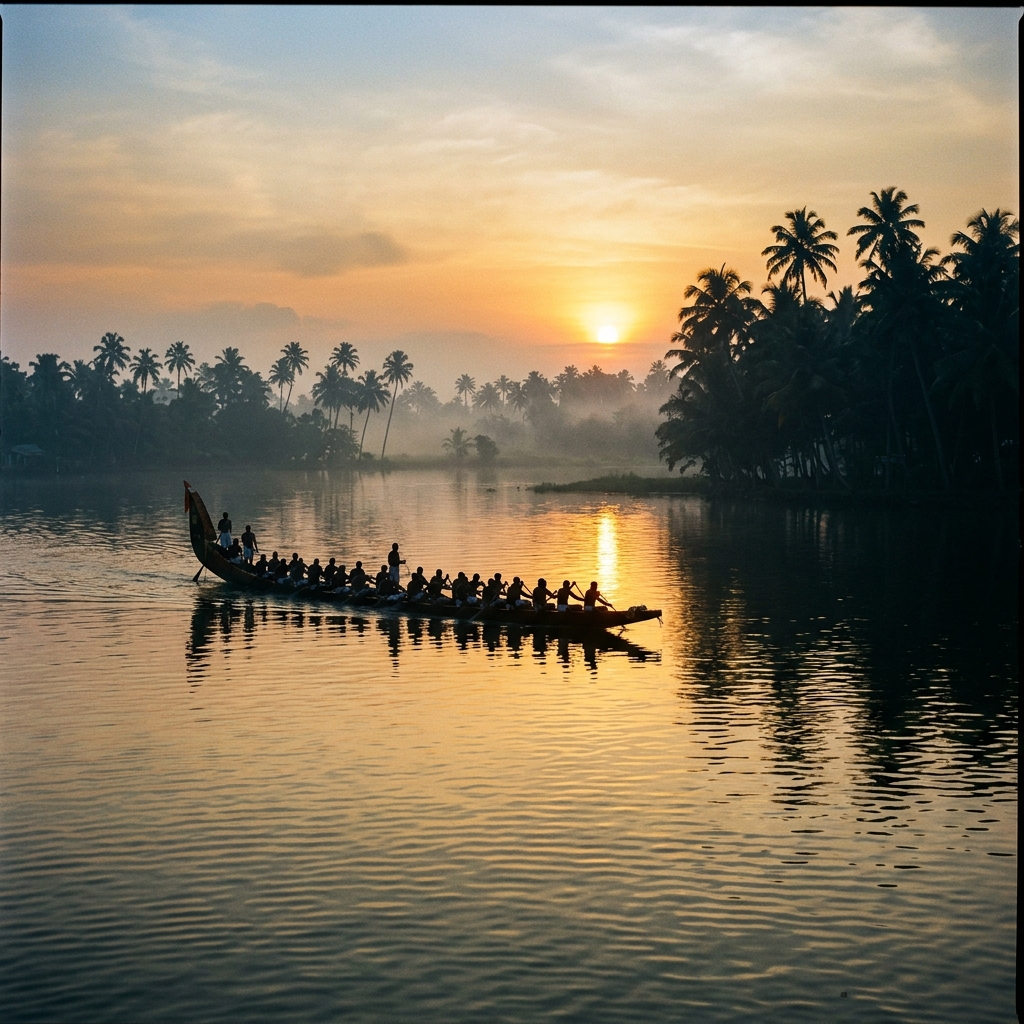 6:15 AM mist cutting across Vembanad lake. Silence before the oars strike.